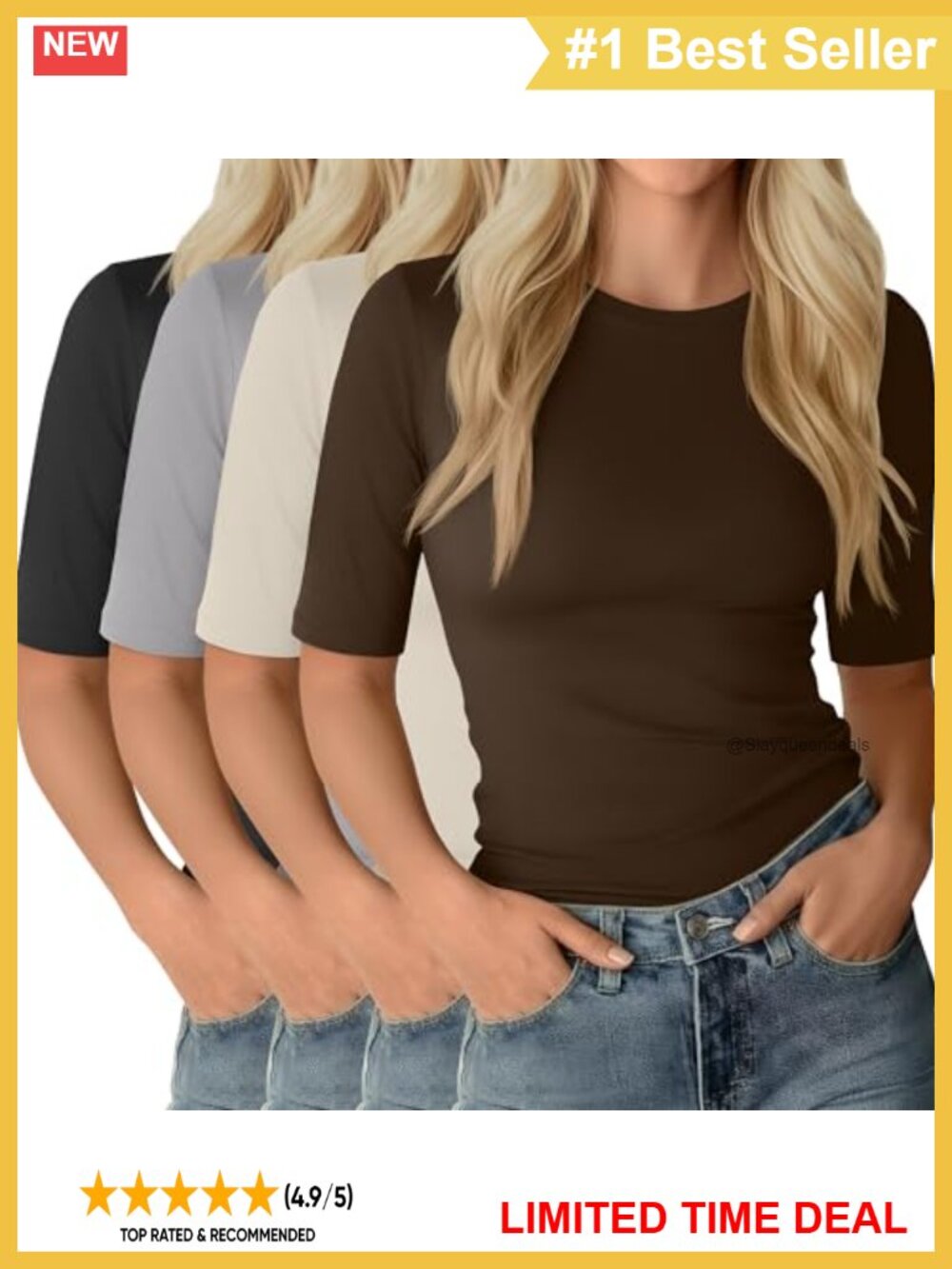 Women's Elbow Length Half Sleeve T-Shirts 4 Pack Cotton Blend Fitted Crew Neck
